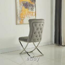 130cm Round Stainless Steel & Grey Marble Dining Table and 4 Grey Velvet Chairs