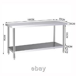 150cm Stainless Steel Food Prep Table Over Shelf Kitchen Work Bench Tiered Shelf