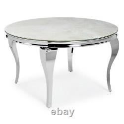 1.3m Louis Round Stainless Steel Dining Table with Cream Marble Effect Glass