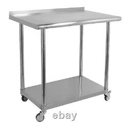 2 Tiers Steel Kitchen Work/Prep Table withWheels/Water Baffle Stainless Adjustable