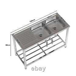 4FT Stainless Steel Commercial Work Table 2.0 Bowls Sink & Reversible Drainboard