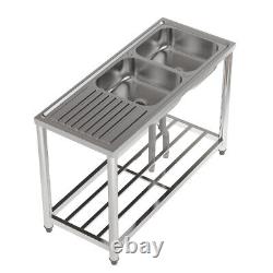 4FT Stainless Steel Commercial Work Table 2.0 Bowls Sink & Reversible Drainboard