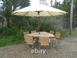 4 Season Outdoor Furniture Triangle Teak Table & 6 Alexander Rose Cologne Chairs