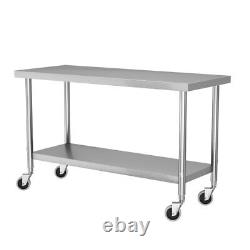 5FT Commercial Kitchen Worktop Catering Table Stainless Steel Work Bench +Wheels