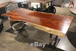 87 L Dining table makha wood smooth top slab stainless steel base polished