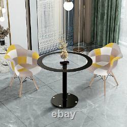 90cm Glass Dining Table and 2 Chairs Set Tub Patchwork Fabric Soft Padded Seat