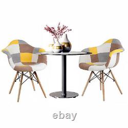 90cm Glass Dining Table and 2 Chairs Set Tub Patchwork Fabric Soft Padded Seat