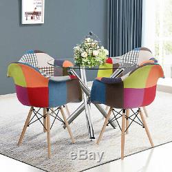 90cm Round Dining Table and 2/4 Patchwork Chairs Set Fabric Dining Room Kitchen