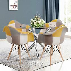 90cm Round Dining Table and 2/4 Patchwork Chairs Set Fabric Dining Room Kitchen
