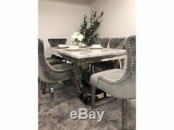 Arianna Grey Marble Dining Table & 6 Chairs Set Grey Plush Velvet