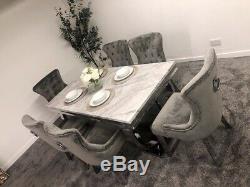 Arianna Grey Marble Dining Table & 6 Chairs Set Grey Plush Velvet