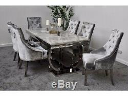 Arianna Grey Marble Dining Table & 6 Silver Grey Velvet Chairs Set