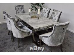 Arianna Grey Marble Dining Table & 6 Silver Grey Velvet Chairs Set