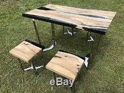 Bespoke dining table and 4 X Stools Solid Oak Dining Set Epoxy Stainless Steel