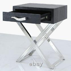 Black Snakeskin Stainless Steel Faux Leather End Side Table Bedside Drawer