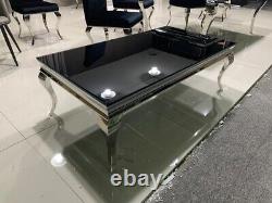 Black Sparkle Glass Louis Stainless Steel Leg Dining Table 1.6m Sits 6 People