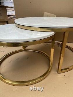 Brand New Artificial Marble and Gold Stainless Steel Set of 2 Nest Coffee Tables
