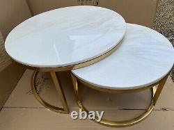 Brand New Artificial Marble and Gold Stainless Steel Set of 2 Nest Coffee Tables