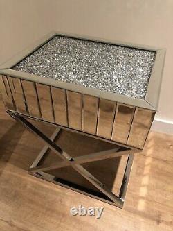 Brand New Crushed Diamond Mirrored Mosaic Side Table with Stainless Steel X Legs