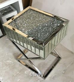 Brand New Crushed Diamond Mirrored Mosaic Side Table with Stainless Steel X Legs