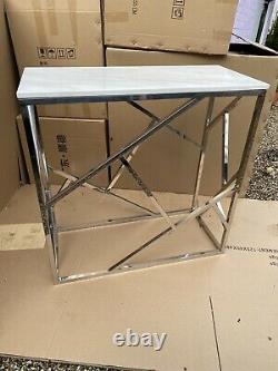 Brand New Geo White Artificial Marble and Stainless Steel Console Table