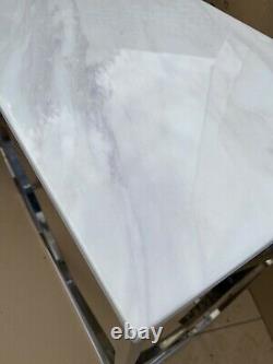 Brand New Geo White Artificial Marble and Stainless Steel Console Table