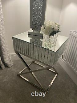 Brand New Mirrored Mosaic Side Table with Stainless Steel X Legs
