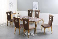 Brown Marble Top Dining Table Golden legs 6 chair with Brown Plush fabric set