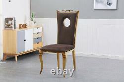Brown Marble Top Dining Table Golden legs 6 chair with Brown Plush fabric set