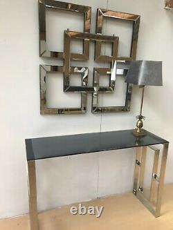 Buke Smoked Glass Console Table Chrome Stainless Steel Modern Tempered Glass