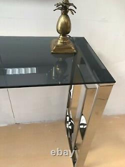 Buke Smoked Glass Console Table Chrome Stainless Steel Modern Tempered Glass