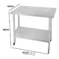 Catering Work Bench Table Stainless Steel Food Prep Kitchen Mobile 4 x Castor