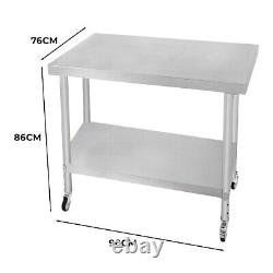 Catering Work Bench Table Stainless Steel Food Prep Kitchen Mobile 90cm x 76cm