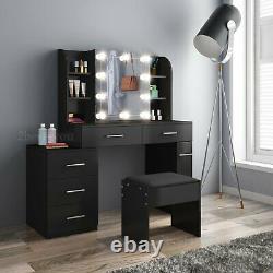 Chest of 5 Drawers Dressing Table Console Table with LED Bulb Desk Organiser Stool