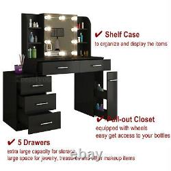 Chest of 5 Drawers Dressing Table Console Table with LED Bulb Desk Organiser Stool