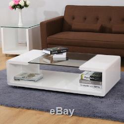 Clear Tempered Glass Centre Coffee Table Gloss Wood Finish Living Room Tea Room