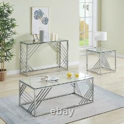 Coffee Side Table Tempered Glass Top Silvery Stainless Steel Legs Living Room UK