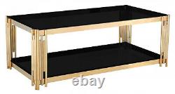 Coffee Table Black Tempered Glass Top Stainless Steel Frame Gold Finish