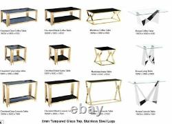 Coffee Table Black Tempered Glass Top Stainless Steel Frame Gold Finish