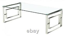Coffee Table Clear Tempered Glass Top Stainless Steel Legs Silver Finish