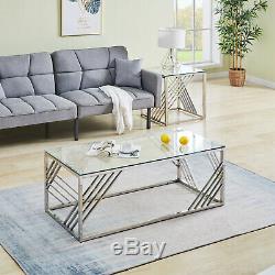 Coffee Table Stainless Steel End table with Light Grey Tempered Glass Design UK