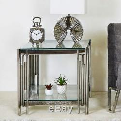Colton Modern Stainless Steel Tubular Clear Glass End Side Display Drinks Table