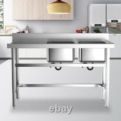 Commercial Catering Kitchen Table Sink Stainless Steel Double Bowl Drainer Unit