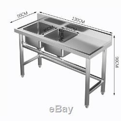 Commercial Kitchen Sink Stainless Steel Sink 130cm Wash Table Unit Double Bowls