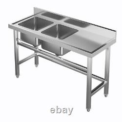Commercial Stainless Steel Kitchen Sink Dual Bowl Sink Table with Right Platform