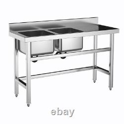 Commercial Stainless Steel Kitchen Sink Dual Bowl Sink Table with Right Platform