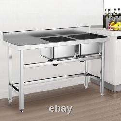 Commercial Wash Table Stainless Steel Deep Dual Bowl Kitchen Sink Left Platform