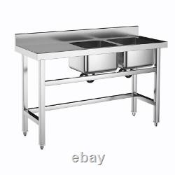 Commercial Wash Table Stainless Steel Deep Dual Bowl Kitchen Sink Left Platform