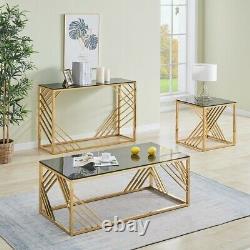 Console Side Table Stainless Steel Smoked Tempered Glass Top Living Room
