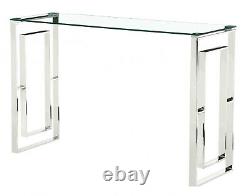Console Table Display Stand Clear Tempered Glass Top Stainless Steel Silver Legs